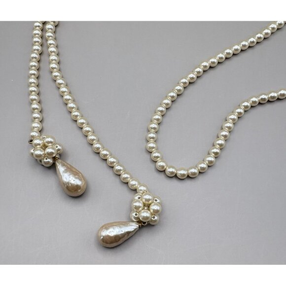 Faux Pearl Beaded Lariat Necklace with Teardrop Pendants Vintage Flapper Style - Picture 4 of 6